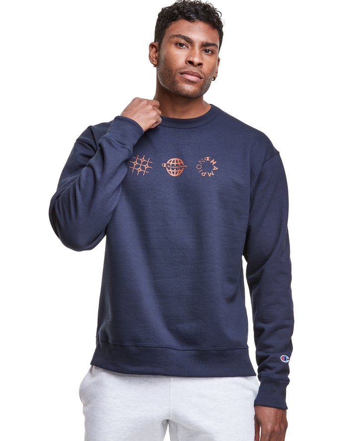 Champion Powerblend Fleece Crew Multi-Logos Erkek Sweatshirt Lacivert ( LJGOPT039 )